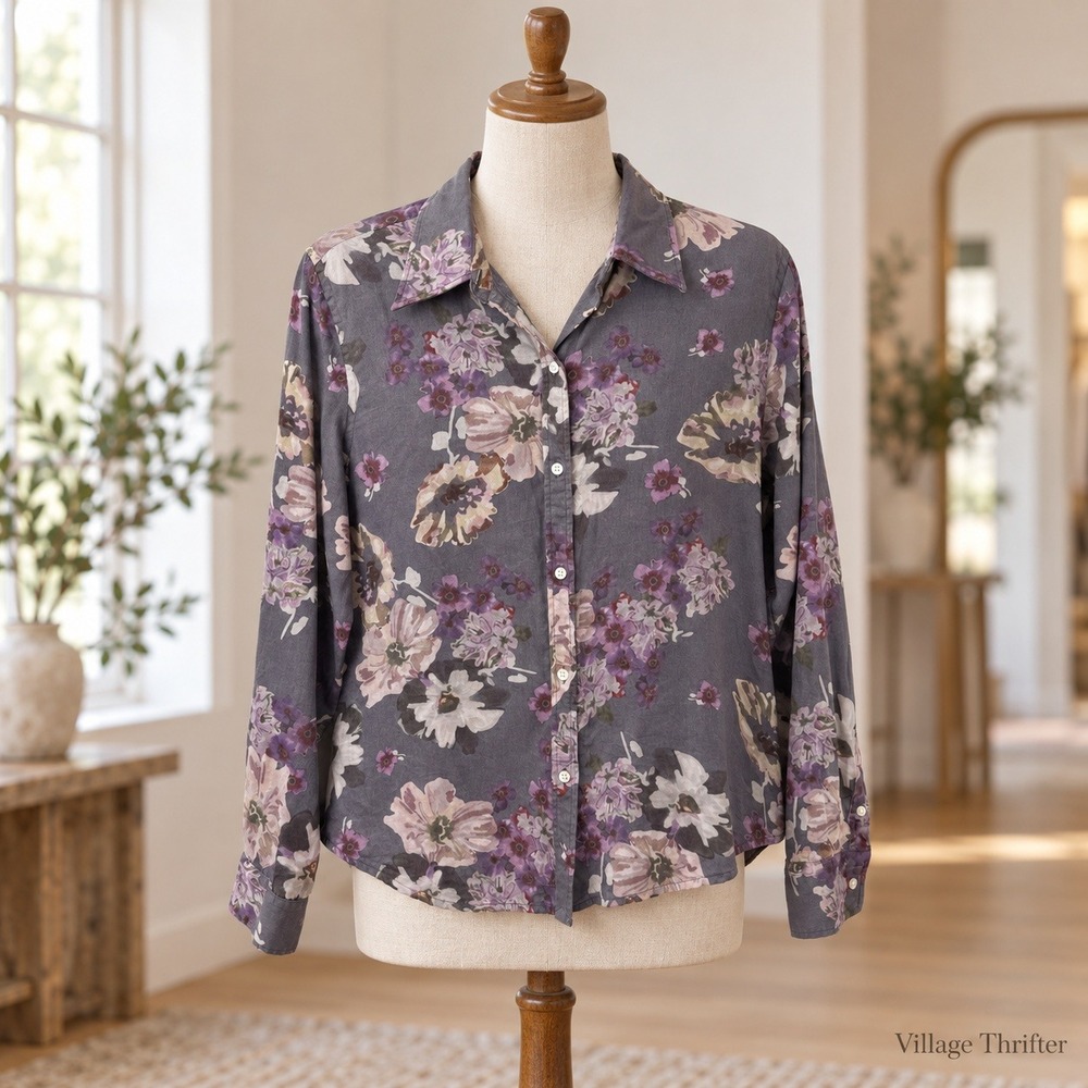 Chaps Button Front Shirt Womens PL Grey Purple Floral Moody Cottagecore Cotton